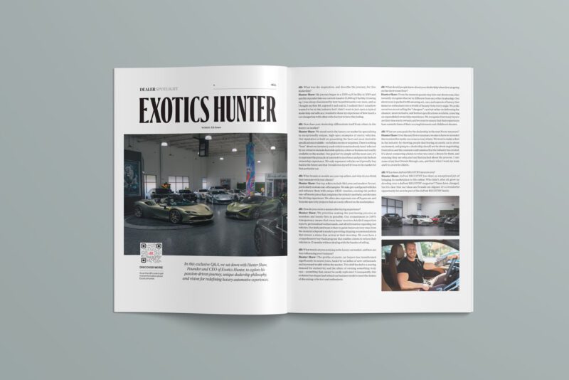 An open magazine from duPont REGISTRY shows an article titled "Exotics Hunter," featuring photos of luxury cars in a showroom and a man sitting in a car, captured in the August 2025 issue.