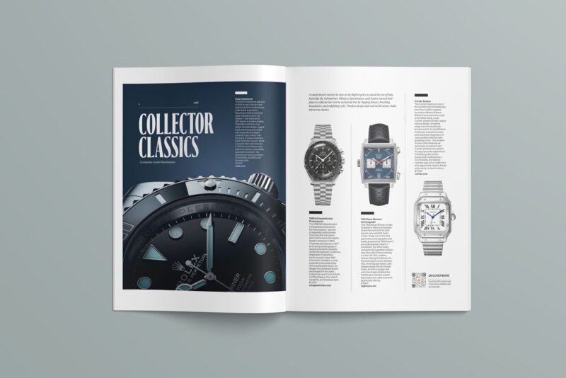 An open magazine spread from duPont REGISTRY No. 483, August 2025, features a close-up of a watch on the left page and three luxury timepieces with descriptions under the heading "Collector Classics" on the right page.