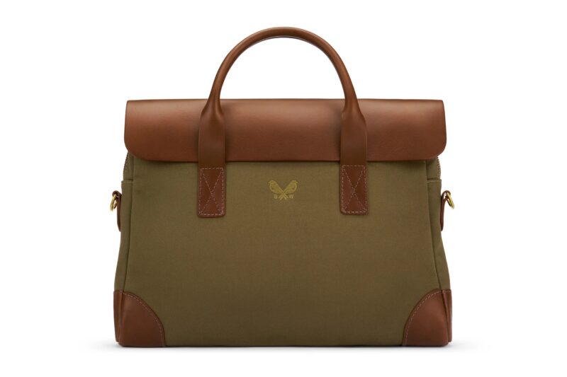 Upgrade your style with this khaki green briefcase, adorned with brown leather handles, trim, and corners. A small gold butterfly logo on the front adds a touch of luxury accessories flair.