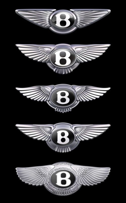 Five silver "B" car logos with stylized wings, arranged vertically on a black background, each featuring different wing designs and emblem details.