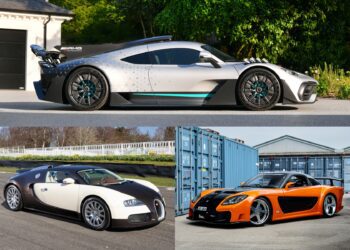 Three supercars parked: a silver Mercedes-AMG One (top), a black and white Bugatti Veyron (bottom left), and an orange-black Mercedes-Benz SLR McLaren Stirling Moss (bottom right)—showcasing top sale highlights from Bonhams Goodwood Festival of Speed.