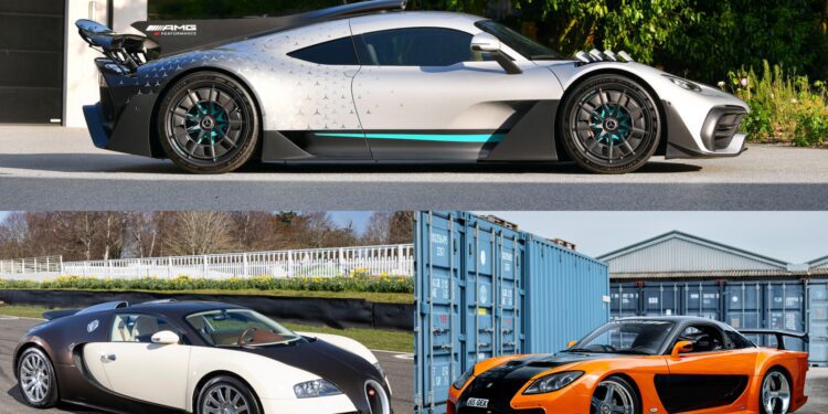 Three supercars parked: a silver Mercedes-AMG One (top), a black and white Bugatti Veyron (bottom left), and an orange-black Mercedes-Benz SLR McLaren Stirling Moss (bottom right)—showcasing top sale highlights from Bonhams Goodwood Festival of Speed.