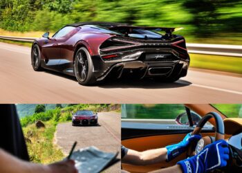 A Bugatti W16 Mistral speeds down the road, while a person tests and writes notes near another sports car in Molsheim; gloved hands tightly grip a steering wheel inside a car.