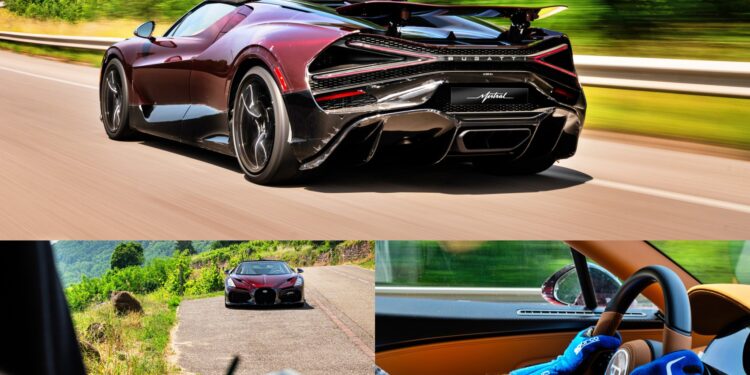 A Bugatti W16 Mistral speeds down the road, while a person tests and writes notes near another sports car in Molsheim; gloved hands tightly grip a steering wheel inside a car.