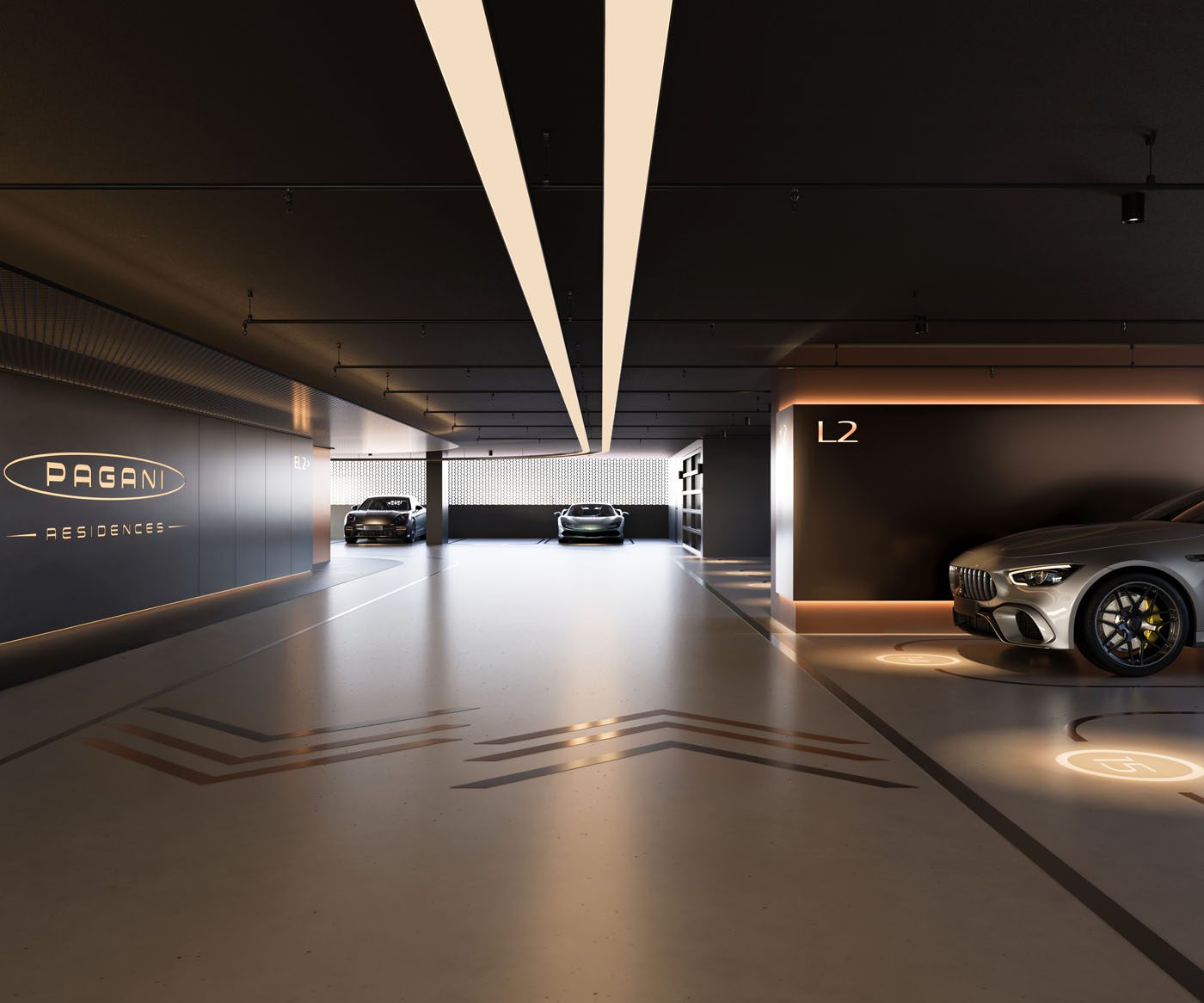 Modern indoor parking garage with sleek lighting and luxury cars in designated spots, showcasing Pagani Residences signage on the left wall—a true testament to supercar craftsmanship and refined luxury living.