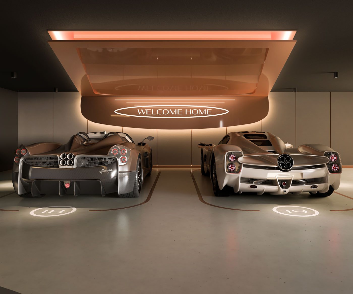 Two luxury sports cars are parked side by side in a modern garage at Pagani Residences, under a "WELCOME HOME" sign and designated parking spots numbered 16 and 19, reflecting the essence of supercar craftsmanship and luxury living.