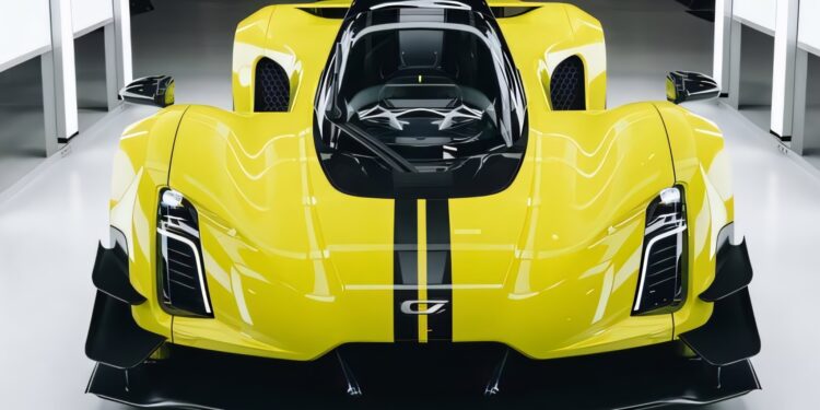 A bright yellow, high-performance Czinger C21 with black stripes is displayed in a brightly lit, modern showroom as Prestige Imports delivers this bespoke masterpiece in Miami.