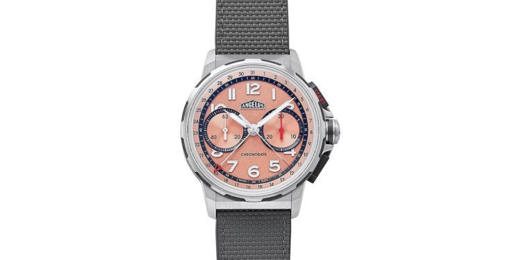 A wristwatch with a pink dial, grey subdials, silver case, and grey fabric strap—combining style and function for those seeking the best luxury watches with distinctive chronograph features.