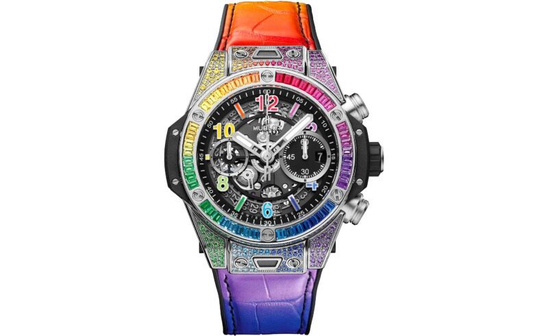 A luxury chronograph wristwatch with a skeleton dial, rainbow-colored bezel, and matching multicolored leather strap—perfect for those seeking the best luxury watches with standout style.