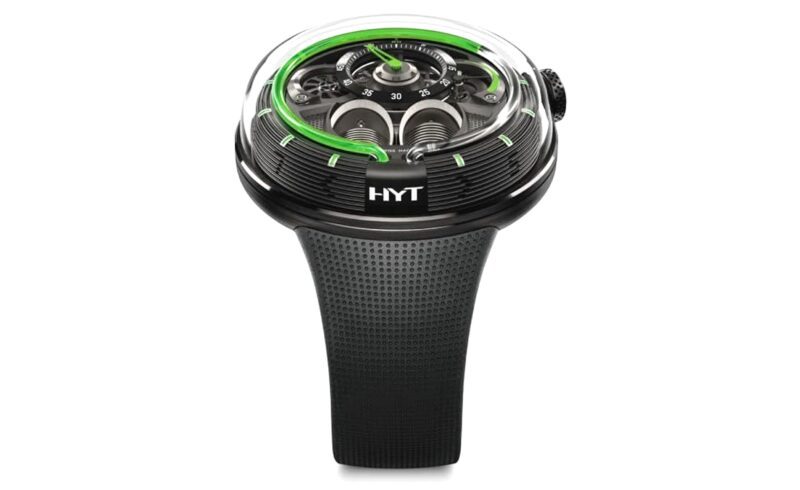 A modern HYT wristwatch with a black band, transparent face, visible internal mechanics, and a green fluid time indicator around the dial—an innovative choice among the best luxury watches.