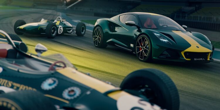 Three green and yellow Lotus race cars—F1 Legends from different eras—race at Goodwood, with a modern sports car leading two vintage Formula 1 machines once driven by icons like Senna.