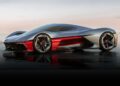 A sleek, futuristic red and silver sports car with aerodynamic curves is parked on a reflective surface under a cloudy sky—California Corvette: GM's Pasadena Studio showcases this one-off hypercar concept.