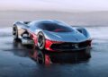 A sleek, futuristic silver and red sports car inspired by the California Corvette: GM's Pasadena Studio Showcases One-Off Hypercar Concept, parked on a wet surface with mountains in the background.