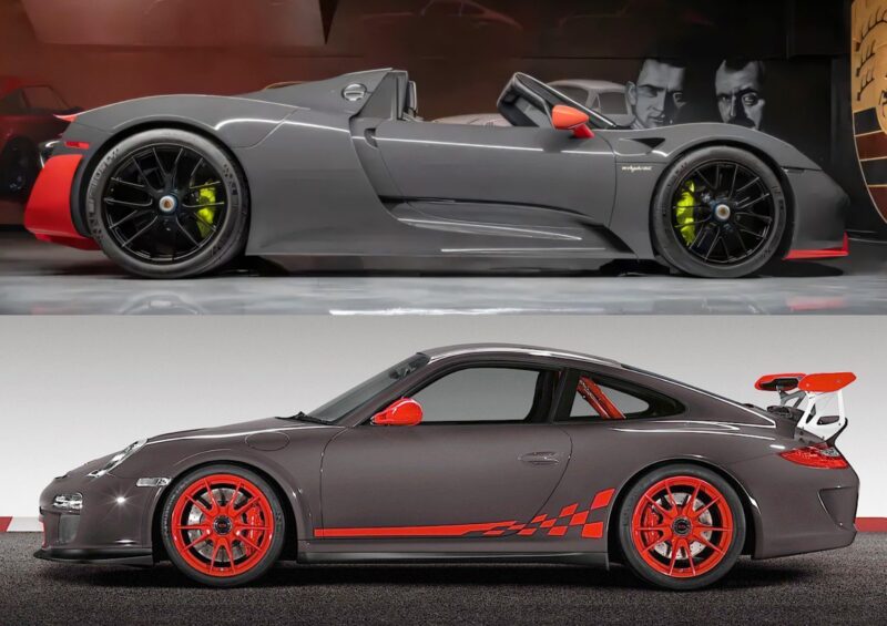 Two gray Porsche sports cars with red accents are shown in side profile; the top is a convertible, while the bottom is a stunning 1-of-1 PTS Porsche 918 Spyder Weissach for sale with $30k in options, featuring a rear wing and checkered flag decals.