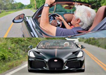 An older man with white hair drives a black Bugatti Mistral convertible on a two-lane road, viewed from above and front angles—capturing the essence of the W16 Swan Song as Jay Leno shares his thoughts on this iconic ride.