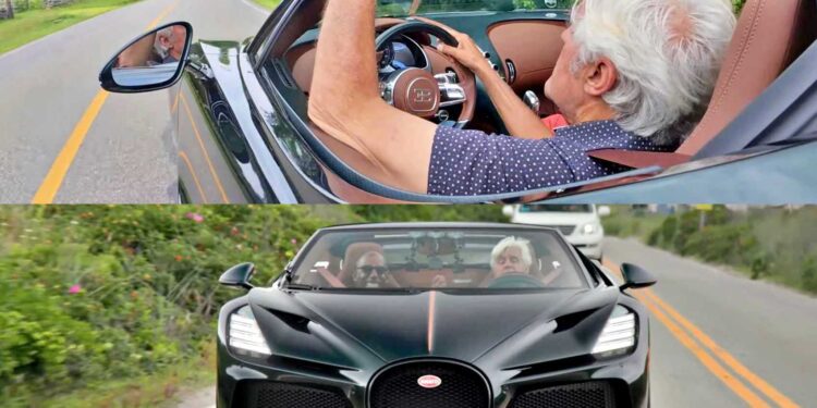 An older man with white hair drives a black Bugatti Mistral convertible on a two-lane road, viewed from above and front angles—capturing the essence of the W16 Swan Song as Jay Leno shares his thoughts on this iconic ride.