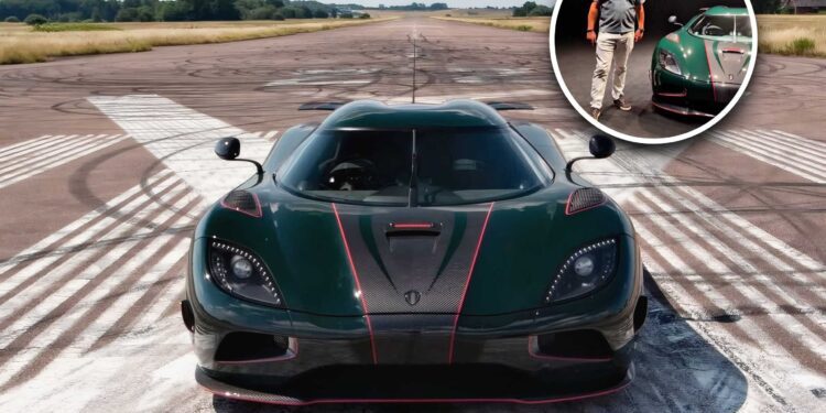 A green Koenigsegg Agera R sports car is parked on an empty runway. Inset shows a person standing next to the same car, part of the Legends Division, in an indoor setting.