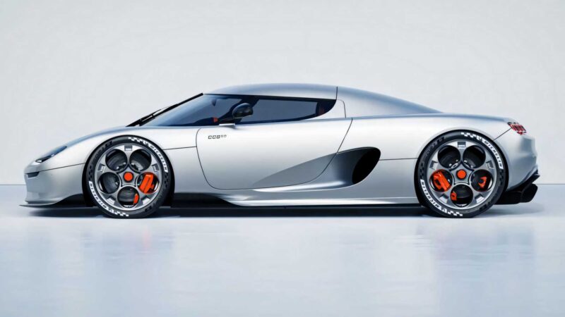 A silver sports car—one of the most powerful production cars—appears in profile against a plain light background, boasting large wheels with orange brake calipers and a low, aerodynamic design.