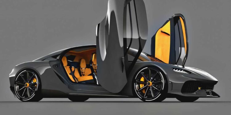 A sleek, gray sports car—one of the most powerful production cars—features black wheels and an orange interior, shown with both of its butterfly doors open against a plain gray background.