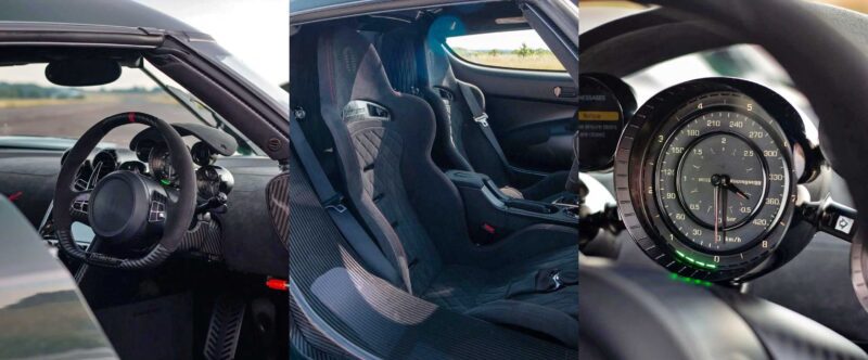Three-panel image showing the interior of a sports car reimagined by the Legends Division: the steering wheel and dashboard, two bucket seats, and a close-up of the speedometer. Inspired by Christian von Koenigsegg Reveals A 1-of-1 Agera R.