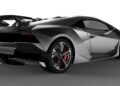 A matte black Lamborghini sports car, inspired by the only street-legal Lamborghini Sesto Elemento, features an angular design, large rear spoiler, red brake calipers, and carbon fiber detailing, wowing Goodwood from the rear-left angle.