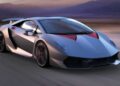A matte gray Lamborghini sports car with red accents, inspired by the only street-legal Lamborghini Sesto Elemento, drives on a deserted road with mountains in the background, wowing Goodwood enthusiasts.