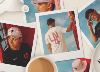 Polaroid-style photos of a man modeling clothing and accessories, including a LN4 graphic t-shirt from the 2025 Silverstone Collection, printed hat, and sunglasses, arranged on a light surface with a cup of coffee nearby.
