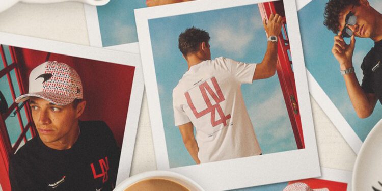 Polaroid-style photos of a man modeling clothing and accessories, including a LN4 graphic t-shirt from the 2025 Silverstone Collection, printed hat, and sunglasses, arranged on a light surface with a cup of coffee nearby.