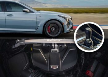 A light blue 2025 Cadillac V8-powered sedan in motion, with a close-up of its manual gear shifter and the robust engine bay displayed below.