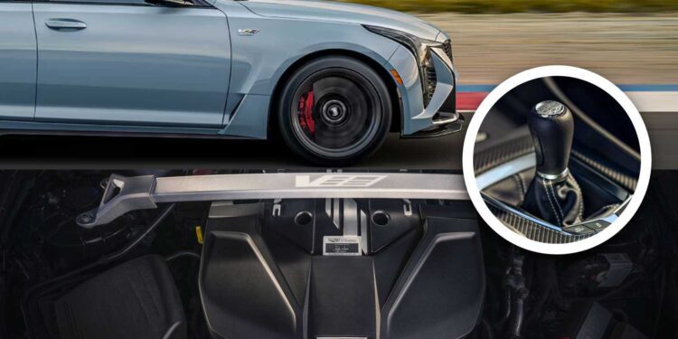 A light blue 2025 Cadillac V8-powered sedan in motion, with a close-up of its manual gear shifter and the robust engine bay displayed below.