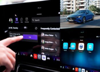 A person selects a "Join" button for a Microsoft Teams meeting on a car touchscreen displaying a digital calendar; a blue Mercedes-Benz is parked outside an apartment building in the background.