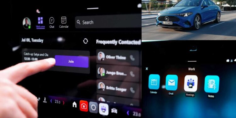 A person selects a "Join" button for a Microsoft Teams meeting on a car touchscreen displaying a digital calendar; a blue Mercedes-Benz is parked outside an apartment building in the background.