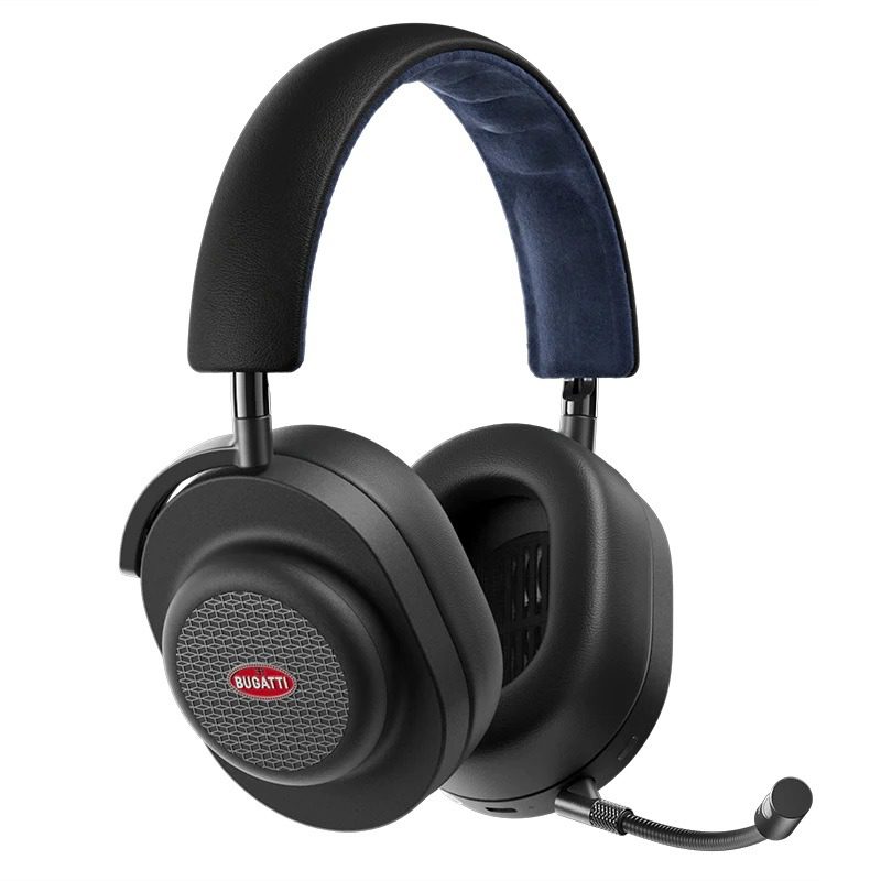 Black over-ear headphones with a built-in microphone, mesh-covered ear cups, and a "BUGATTI" logo on the side—perfect luxury accessories to upgrade your style.