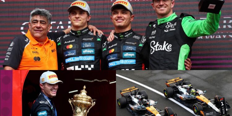 A collage of Formula 1 events: McLaren drivers on the podium, Lando Norris lifting a trophy, and two McLaren cars racing at the British GP.