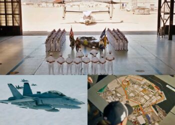 Top: Uniformed personnel stand in formation with flags and a car inside a hangar, aircraft in background—possibly at San Diego Naval Base. Bottom left: Fighter jets soar. Bottom right: People view a coastal map, hinting at plans for 2026.