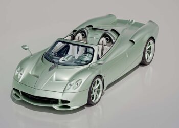 A silver Pagani Automobili Huayra Codalunga convertible sports car with a sleek, aerodynamic design is displayed on a plain light background, showcasing its limited edition allure.