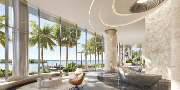 Modern lobby with large windows, palm trees outside, contemporary seating, and sleek architectural details; “Pagani Residences” logo on stone wall.