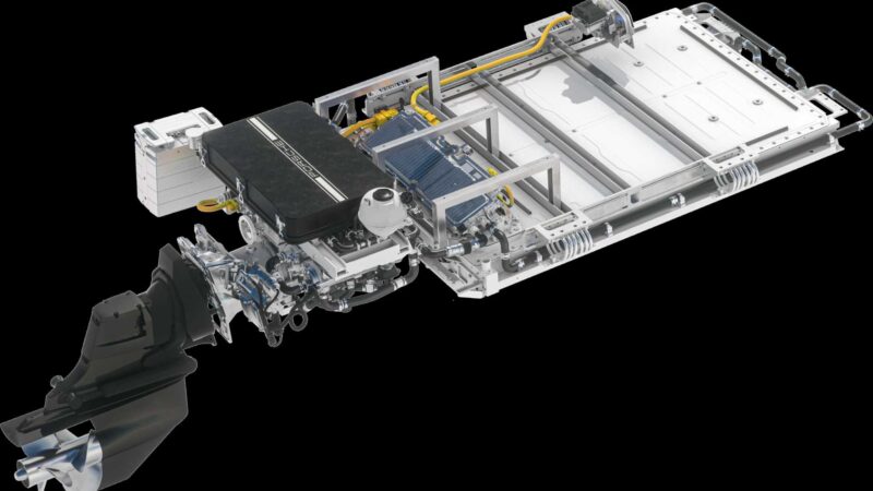 Cutaway view of an electric vehicle chassis, similar to the Porsche Macan EV-Powered Frauscher Fantom 850 that set a speed record in Monaco, showing the battery pack, electric motor, wiring, and structural components.
