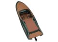 Top view of a small motorboat with a green hull and brown deck, reminiscent of the Porsche Macan EV-powered Frauscher Fantom 850 that set a speed record in Monaco, featuring two seats, a steering wheel, and an outboard motor at the rear.