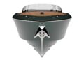 A front view of the Porsche Macan EV-powered Frauscher Fantom 850, with a sleek black hull, wooden deck, metal accents, and a curved windshield—this yacht set a speed record in Monaco.