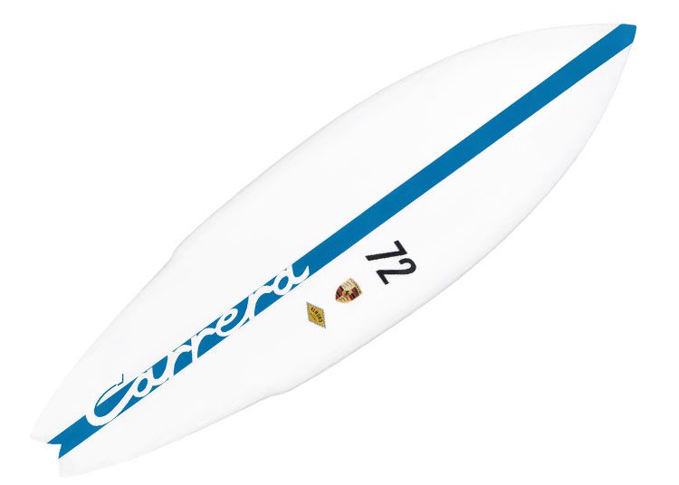 A white Almond Surfboards single fin with a blue diagonal stripe, the word "Carrera," number 72, and two small crest-style logos on the underside—perfect for fans of both classic surfboards and Porsche style.