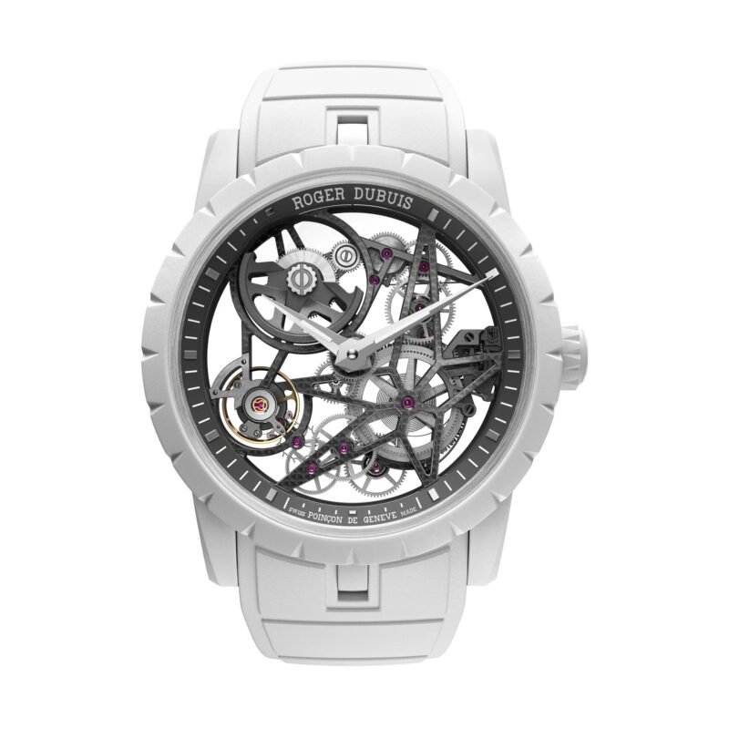 White Roger Dubuis wristwatch with a skeleton dial, revealing intricate gears and mechanical components, set in a white case with a matching strap—an outstanding choice among the best luxury watches.