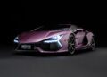 A purple Lamborghini Revuelto is parked against a black background, showcasing its angular design and illuminated LED headlights—a stunning 1:8 Amalgam model for collectors and enthusiasts.