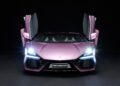 Front view of a purple Lamborghini Revuelto 1:8 model by Amalgam with its scissor doors open and headlights on, set against a dark background.