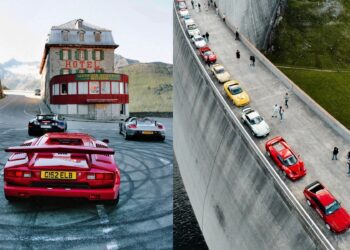 Left side: SOC Classic vintage icons parked near a mountain hotel. Right side: Sports cars, including modern exotics, line up on a curved dam road with people walking nearby.