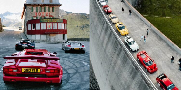 Left side: SOC Classic vintage icons parked near a mountain hotel. Right side: Sports cars, including modern exotics, line up on a curved dam road with people walking nearby.