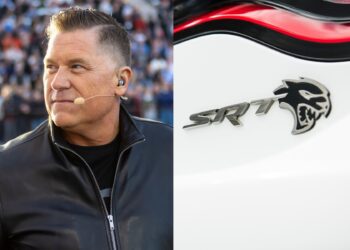 A man with a headset microphone stands outdoors; beside him is a close-up of a car badge with the "SRT" logo, reflecting the energy of "Back in the Driver’s Seat: Tim Kuniskis to Lead Stellantis’ Comeback In North America.