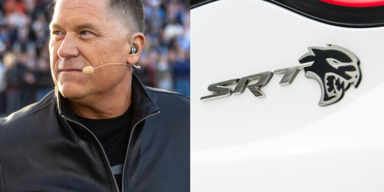 A man with a headset microphone stands outdoors; beside him is a close-up of a car badge with the "SRT" logo, reflecting the energy of "Back in the Driver’s Seat: Tim Kuniskis to Lead Stellantis’ Comeback In North America.
