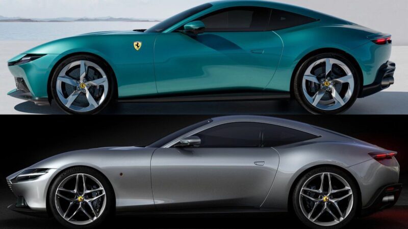 Side view of two Ferrari Roma cars, one teal and one silver, parked on a plain background. These modern coupes highlight the sleek design evolution that inspired the 2026 Ferrari Amalfi Breaks Cover: Why Its Much More Than A Roma Facelift.