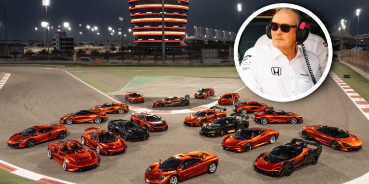 A group of orange McLaren Road Car Collection sports cars is parked on a racetrack at night; an inset photo shows Mansour Ojjeh in sunglasses and a headset with a Honda logo.